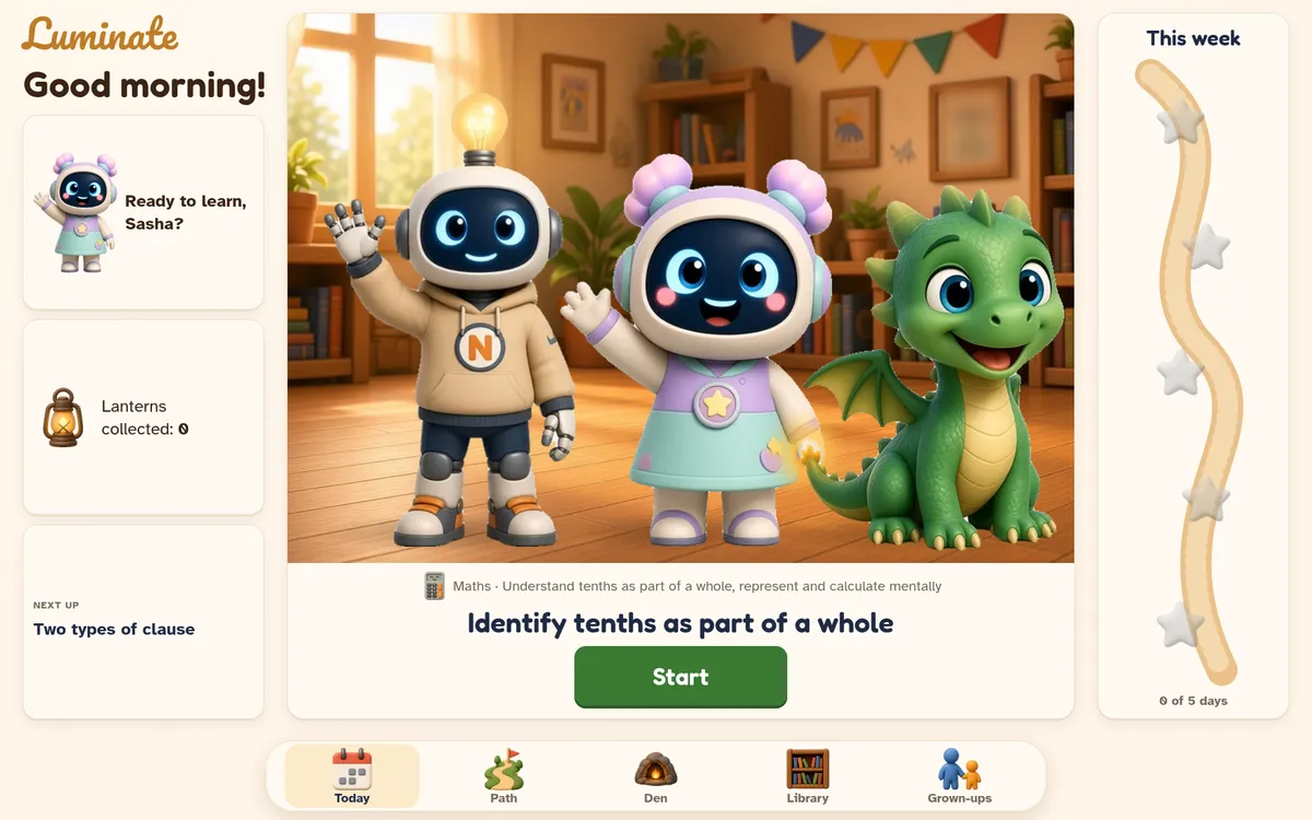 Lumi Labz: Home Learning app showing today's lessons